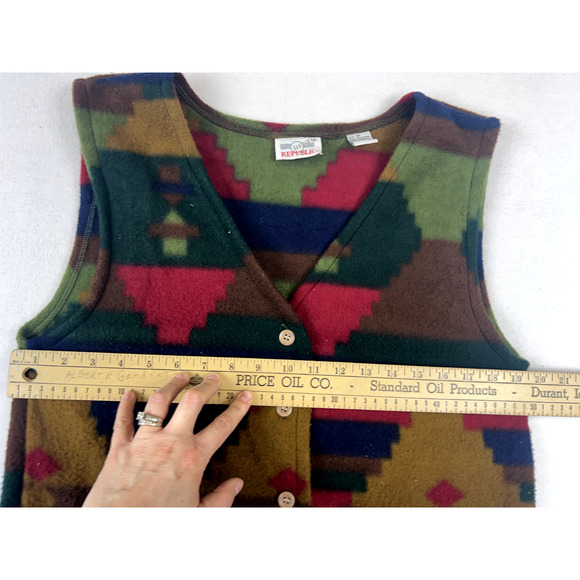 Vintage Aztec Fleece Vest Southwest Boho Western Geometric Button‎ Up Pockets - Picture 4 of 10